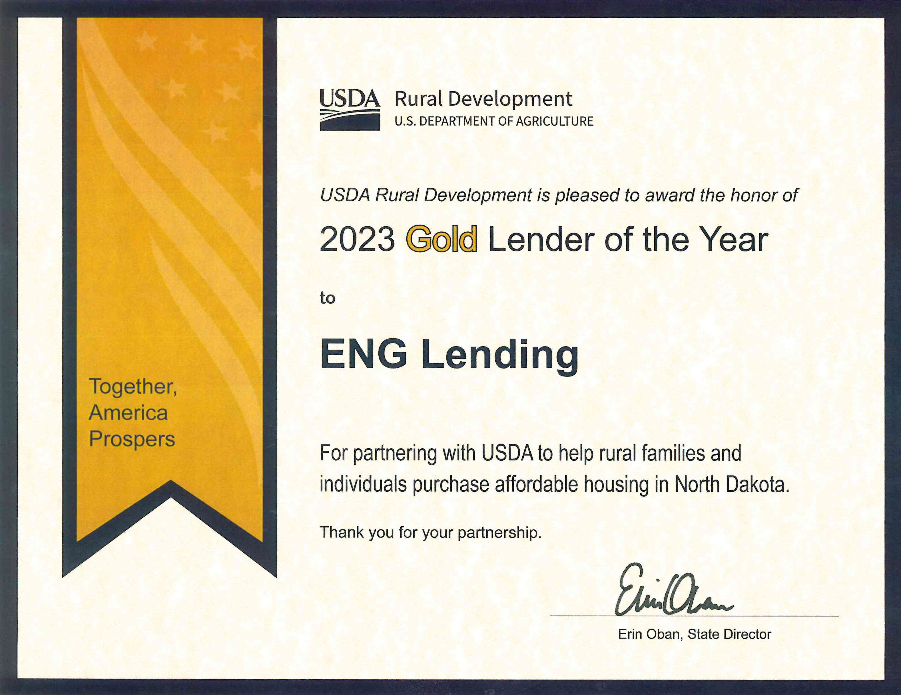 ENG Lending USDA Gold Lending Partner certificate.